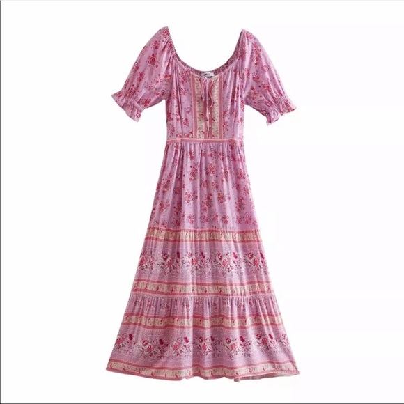 Boho gypsy long maxi dress pink paisley floral - Picture 5 of 13